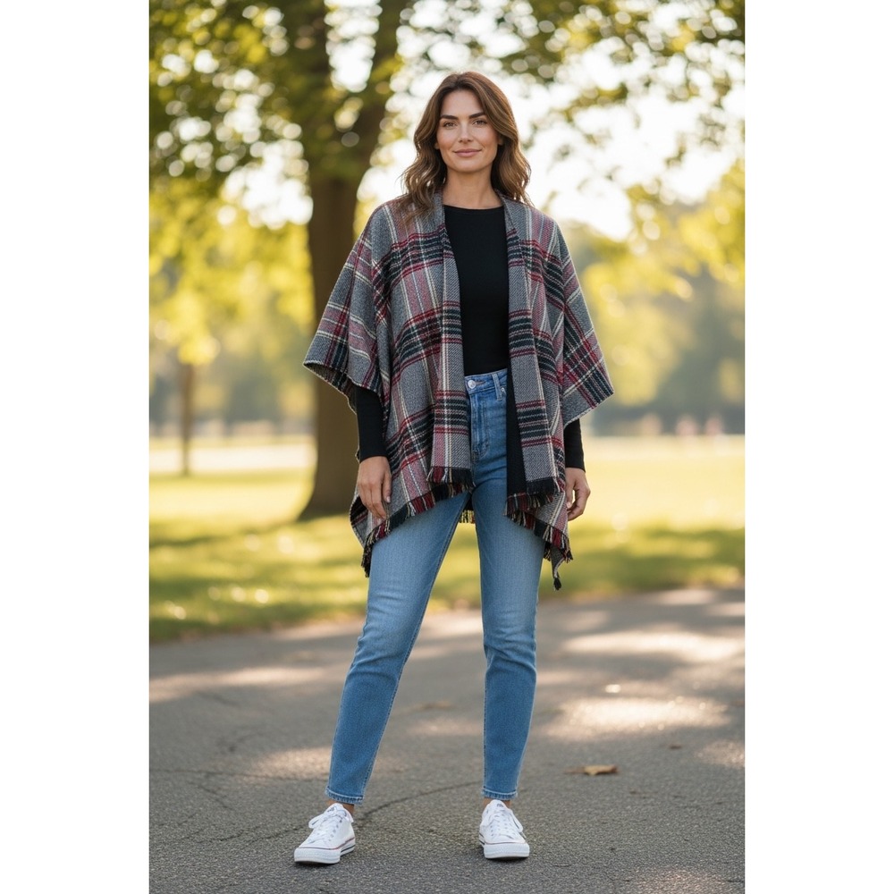 J. Jill Plaid Poncho Wrap Scarlet Multi Grey Red Black Open Front S-L NWT